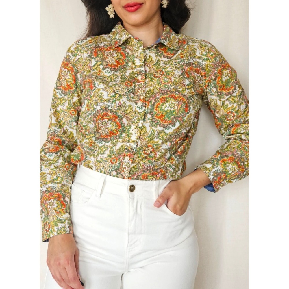 Talbots Woman Paisley Button Down Shirt Green Orange Multi 16W Long Sleeve